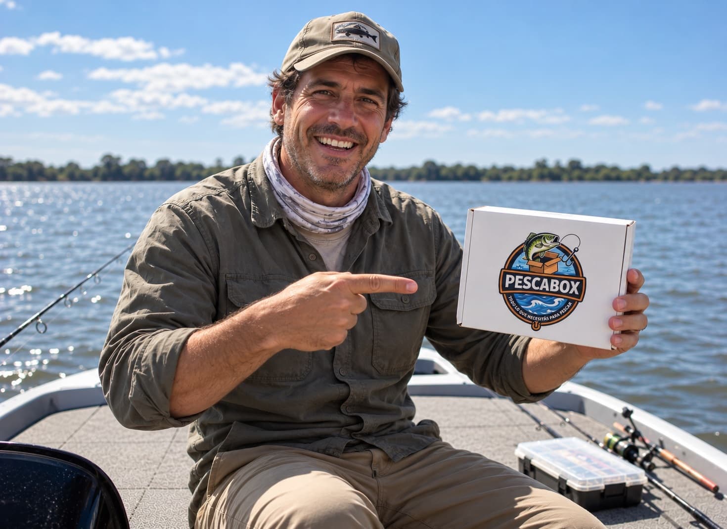 Pescador sonriendo en un bote y mostrando la caja Pescabox